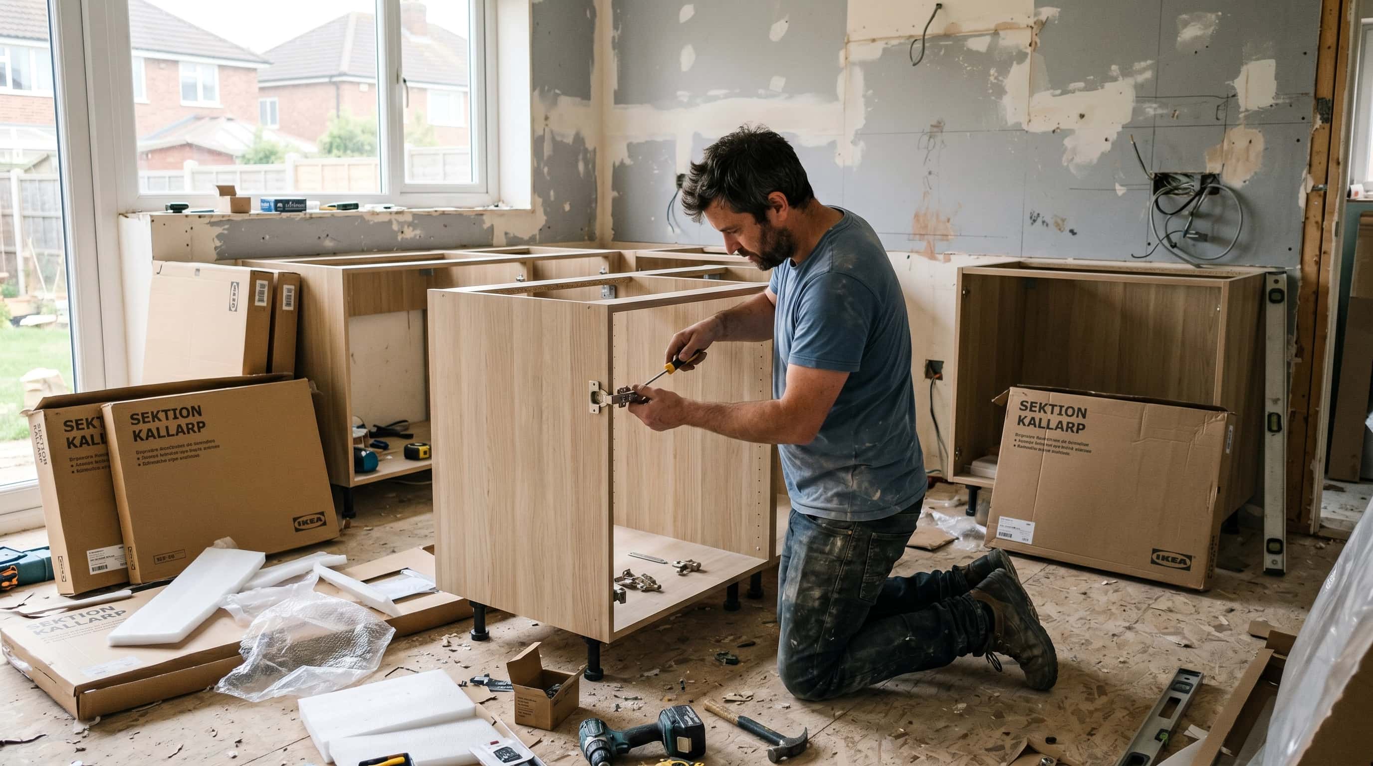 DIY installation of IKEA Sektion kitchen cabinets with Semihandmade fronts during budget kitchen renovation