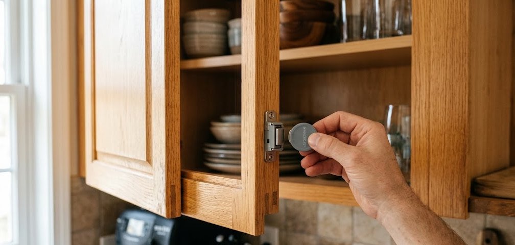Invisible Magnetic Cabinet Latch — Childproof Kitchen Solution Internal magnetic cabinet latch installed inside kitchen cabinet door, invisible from the outside