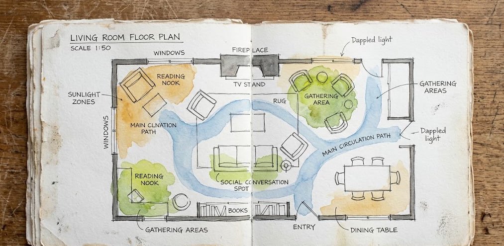 Finished Watercolor Floor Plan — Living Room Layout Sketch Hand-drawn watercolor floor plan of a living room showing traffic flow and sunlight zones in colored washes