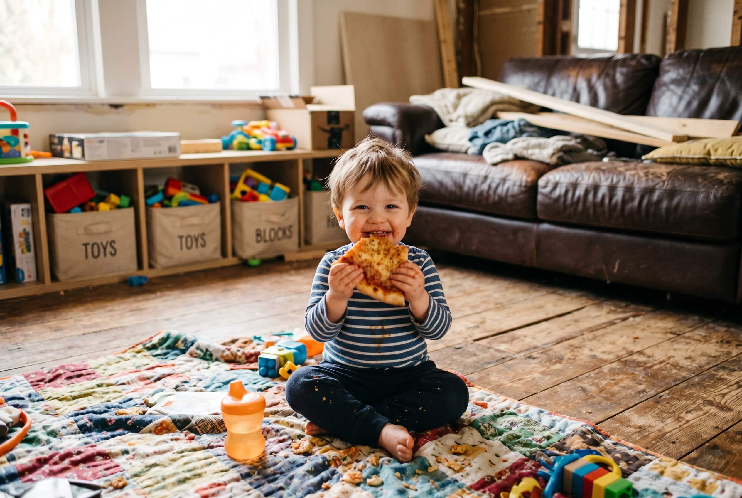 Toddler Eating Pizza on Living Room Floor — Kitchen Renovation Survival Toddler eating pizza on a picnic blanket during kitchen renovation when the dining room was unusable