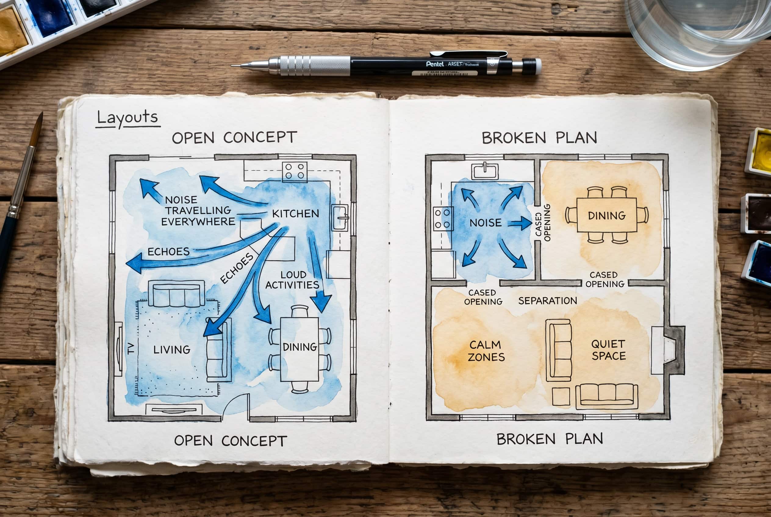 Open Concept vs Broken Plan — Watercolor Layout Comparison Sketch Watercolor sketch comparing open concept and broken plan layouts, with noise and calm zones marked in color washes