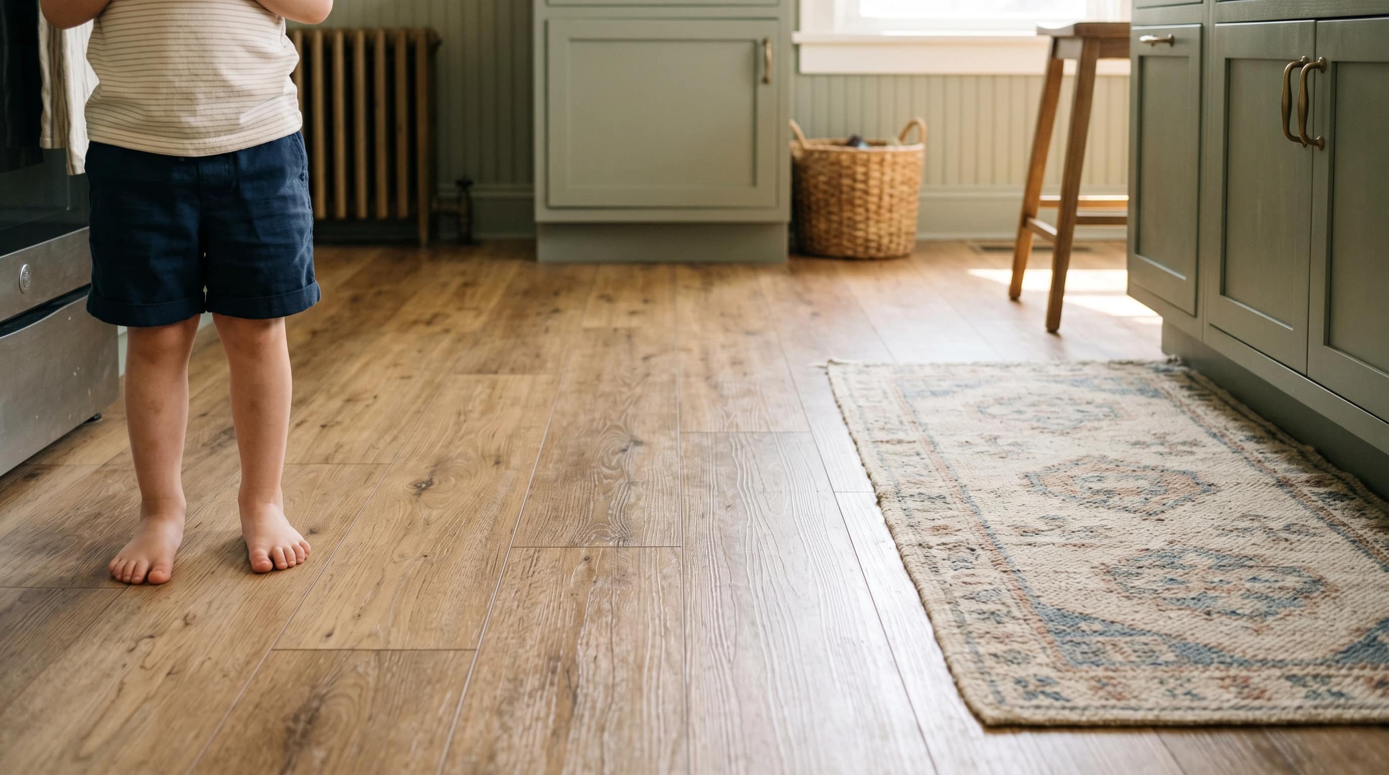 LVP Kitchen Floor After Two Years — Family Tested and Approved Finished luxury vinyl plank kitchen floor in warm white oak tone with child's bare feet standing on it