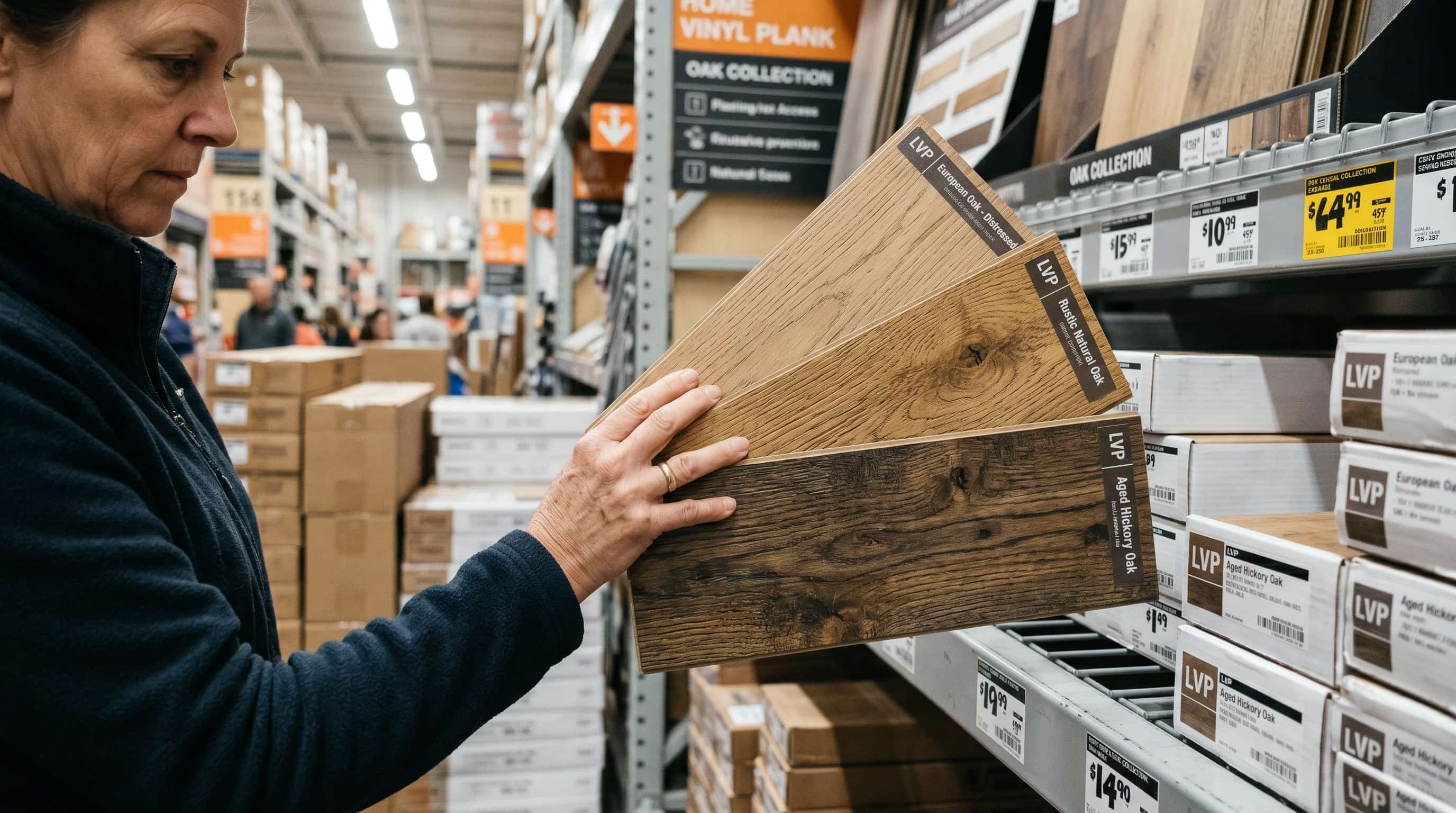 Comparing LVP Flooring Samples — Designer Shopping at Home Depot Hand comparing three luxury vinyl plank flooring samples in oak tones at a home improvement store