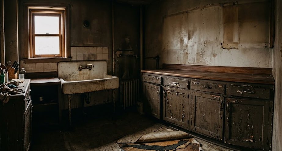 The Kitchen Before – 1920s Bungalow Original Condition Original 1920s kitchen before renovation with layers of linoleum flooring and painted-shut cabinets