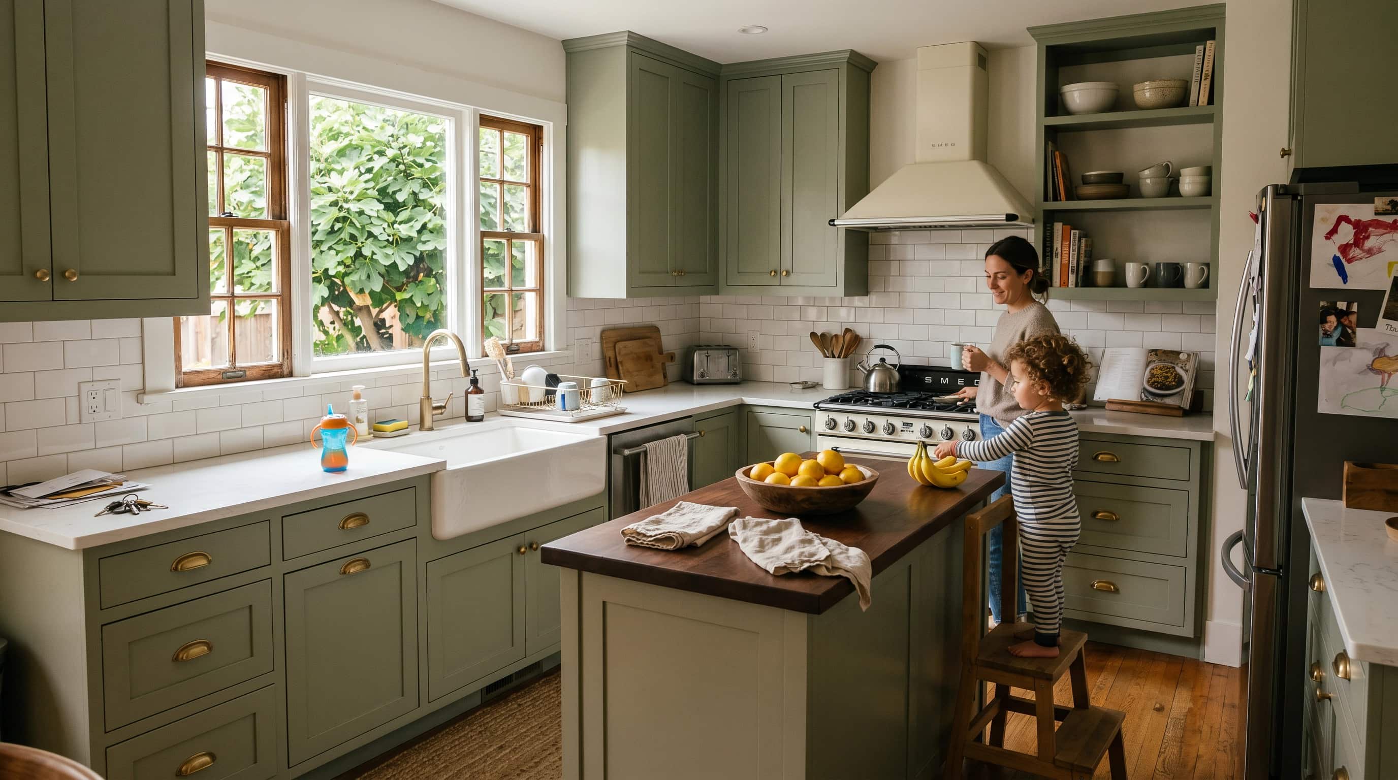 Finished kitchen in a 1920s bungalow with sage green cabinets, white quartz counters, and subway tile backsplash