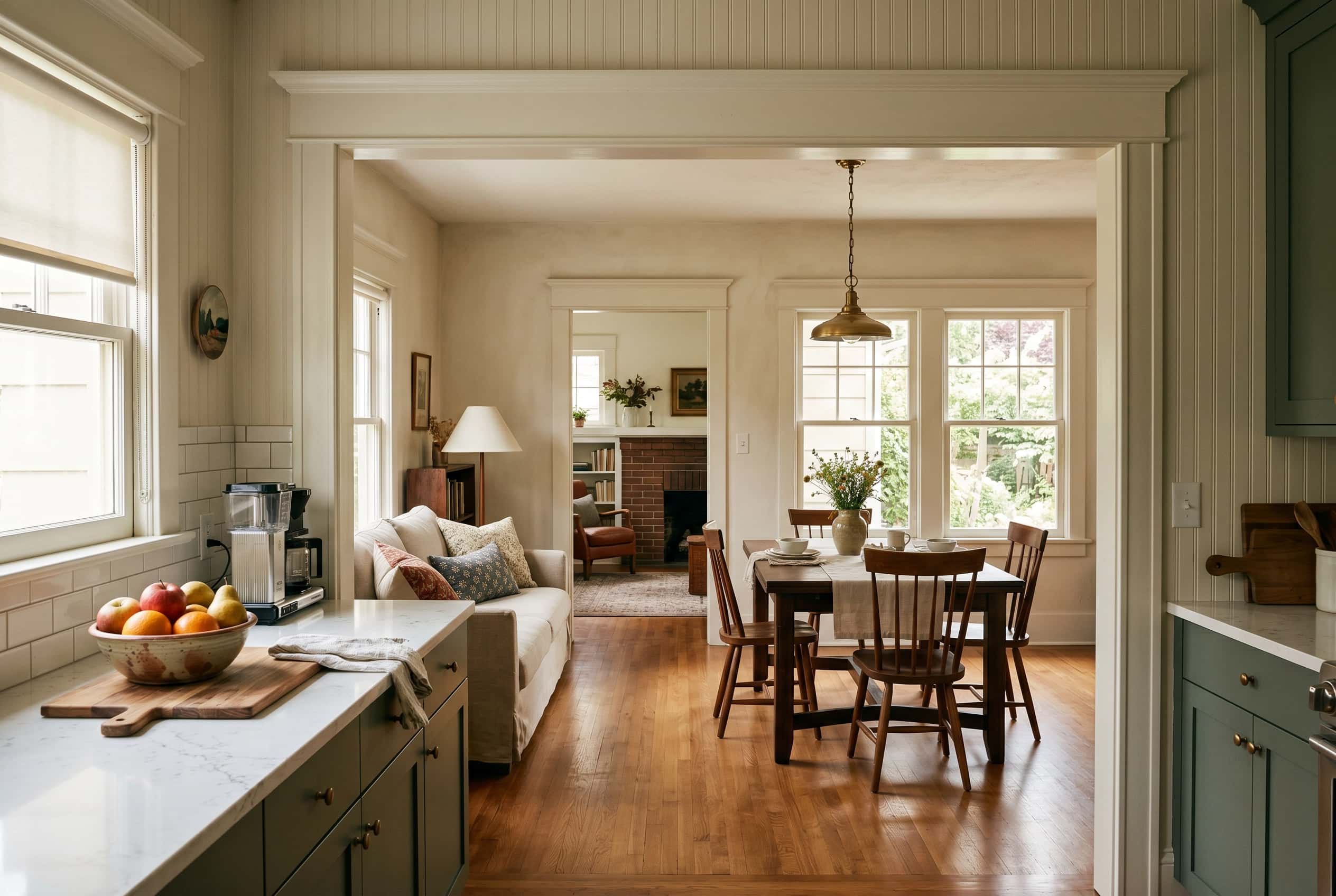 Broken Plan Kitchen Opening — Defined Spaces with Sightlines in a 1920s Home Widened cased opening between kitchen and dining room in a 1920s bungalow, showing a broken plan layout