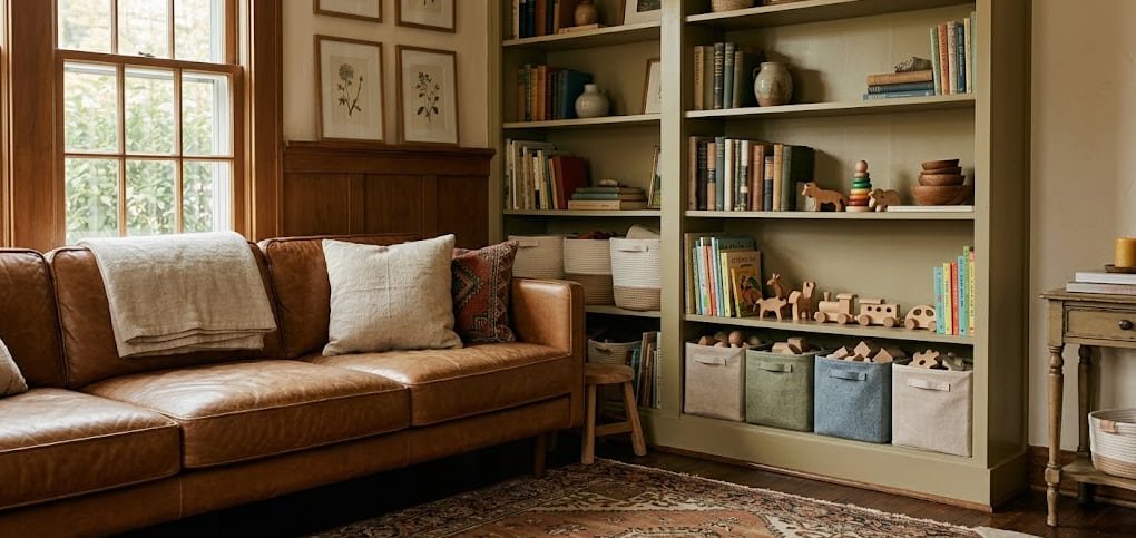 Childproofed Living Room Corner — Built-In Storage and Durable Materials