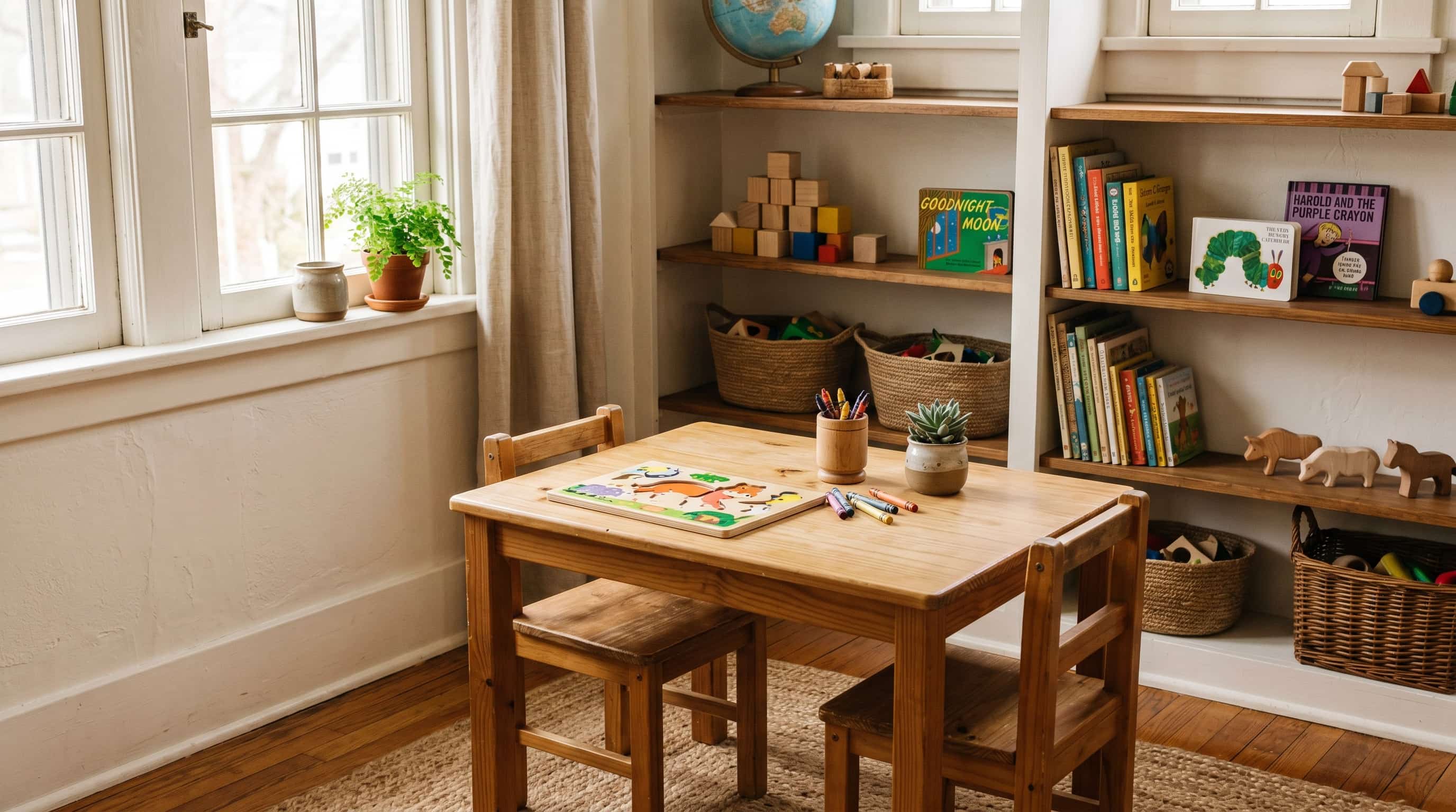 Low pine playroom table with open shelving displaying wooden toys and woven baskets, designed to grow with children