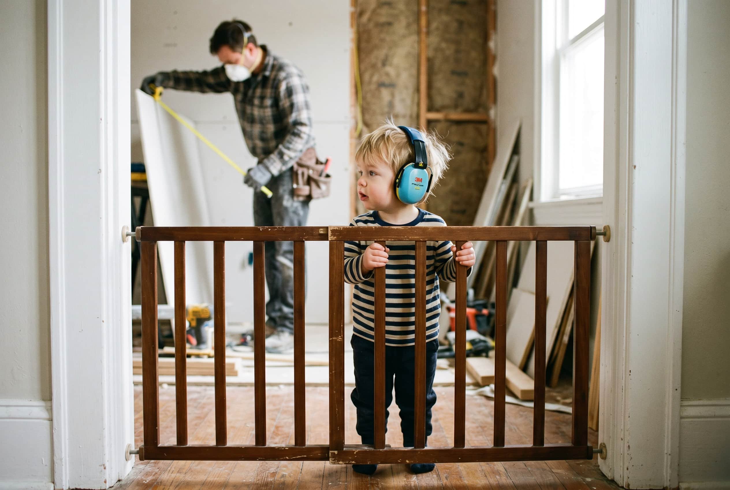 Toddler with noise-canceling headphones watching contractor work from behind a safety gate