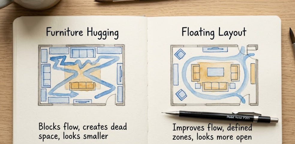 Watercolor notebook comparing furniture-hugging and floating living room layouts with blue traffic paths drawn through each