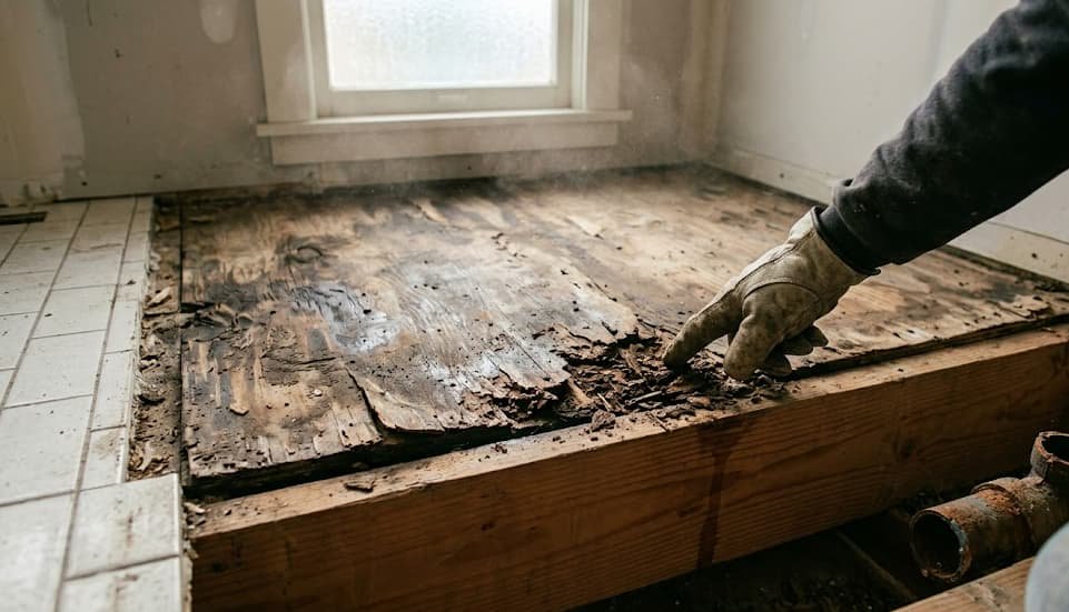 Water-damaged subfloor discovered under original tub during master bathroom renovation