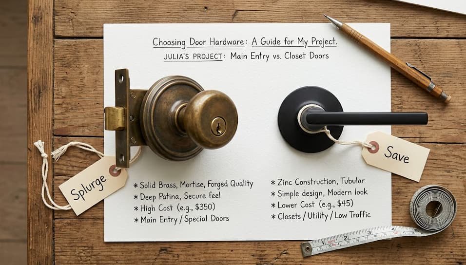 Side-by-side comparison of a solid brass door handle as a splurge item and a simple matte black handle as a budget save