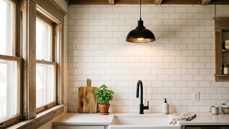 Affordable white subway tile backsplash paired with a matte black faucet as a high-impact design moment in a budget kitchen
