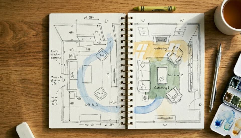 Hand-drawn watercolor floor plan showing furniture layout with blue circulation path, ochre sunlight zones, and green gathering area