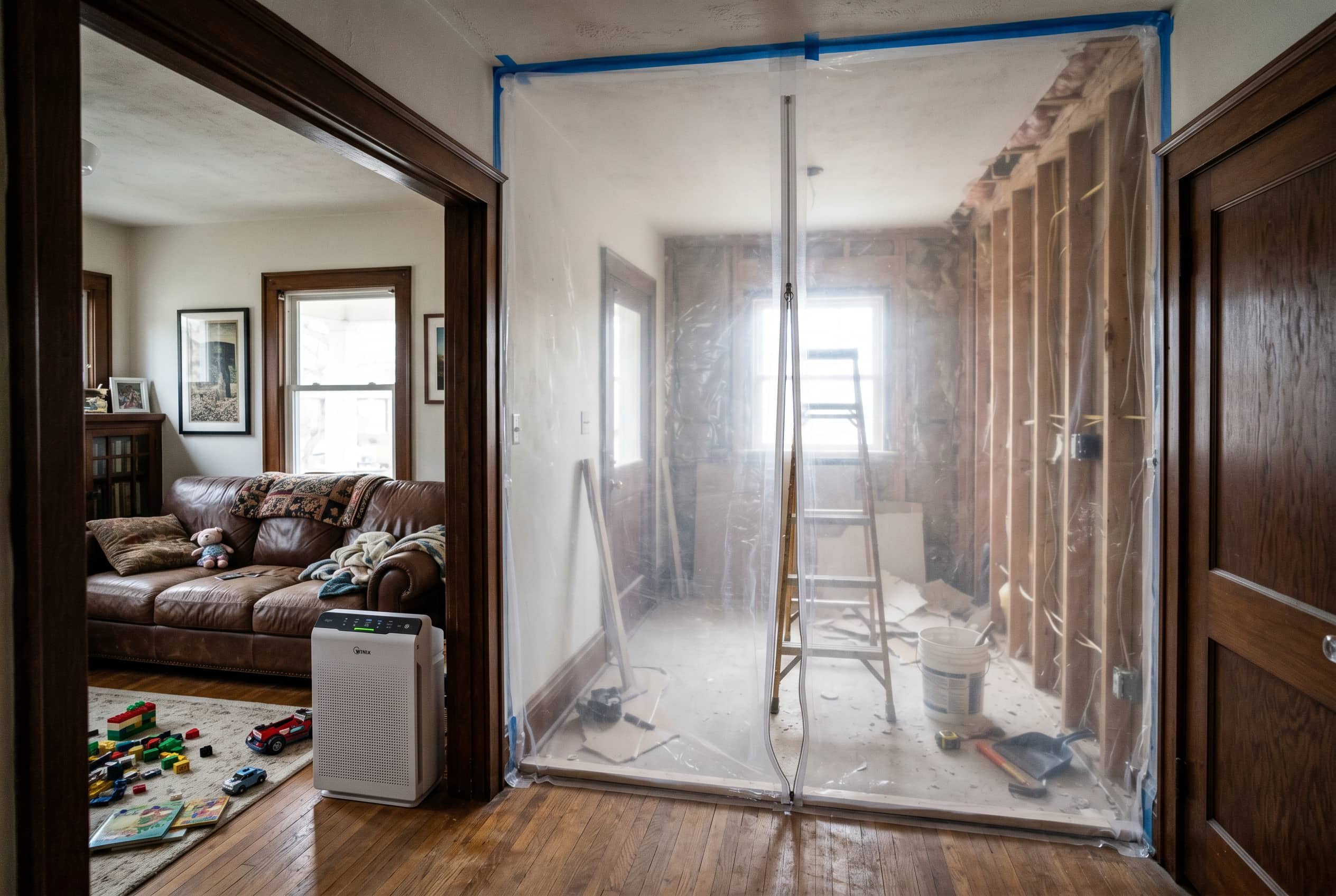 Plastic sheeting zip-wall barrier separating family living space from construction zone during renovation with toddler