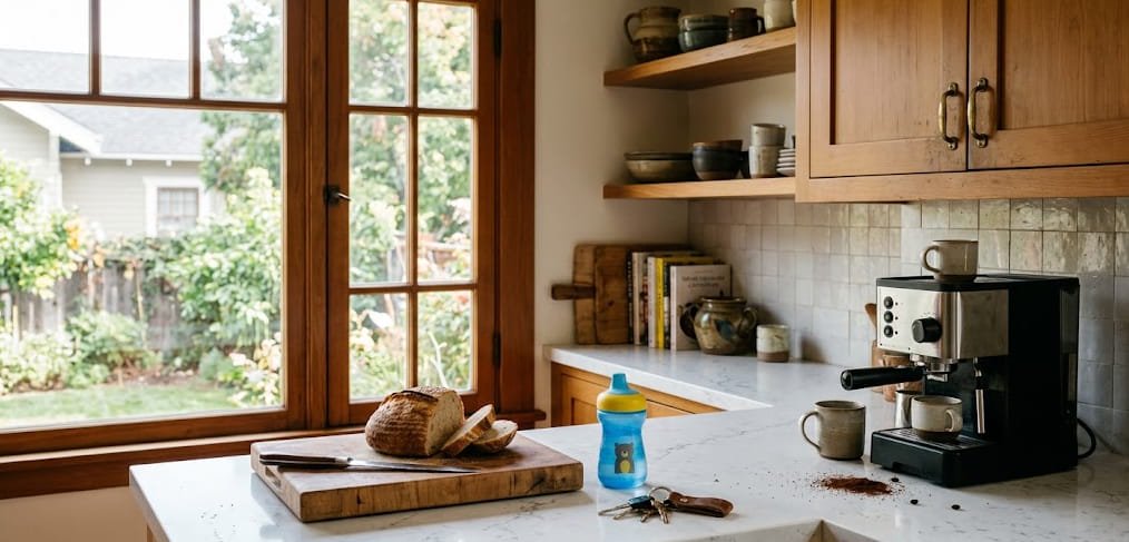 White quartz kitchen counter in daily family use with coffee grounds, sippy cup, and cutting board — no stains