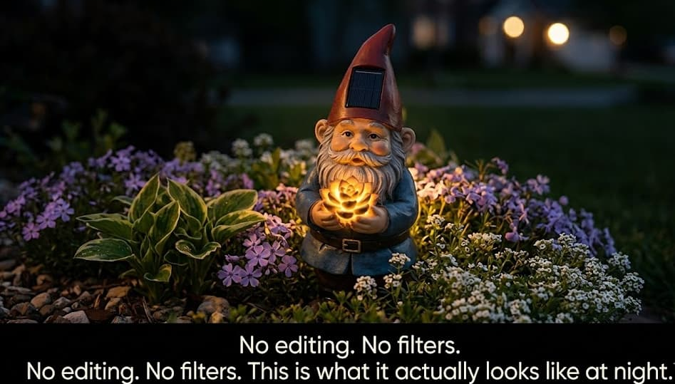 Solar garden gnome glowing warmly in the dark at night (No editing). The same solar garden gnome captured in the dark of night, with the succulent in its hands glowing brightly with warm yellow light, illuminating the surrounding flowers, with a text overlay stating 'No editing. No filters. This is what it actually looks like at night.'