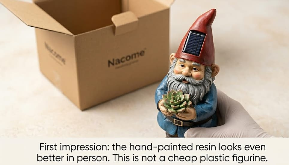 A gloved hand holding a resin garden gnome with a red hat featuring a solar panel and holding a succulent, placed next to an open Nacome cardboard box, with text overlay reading 'First impression: the hand-painted resin looks even better in person