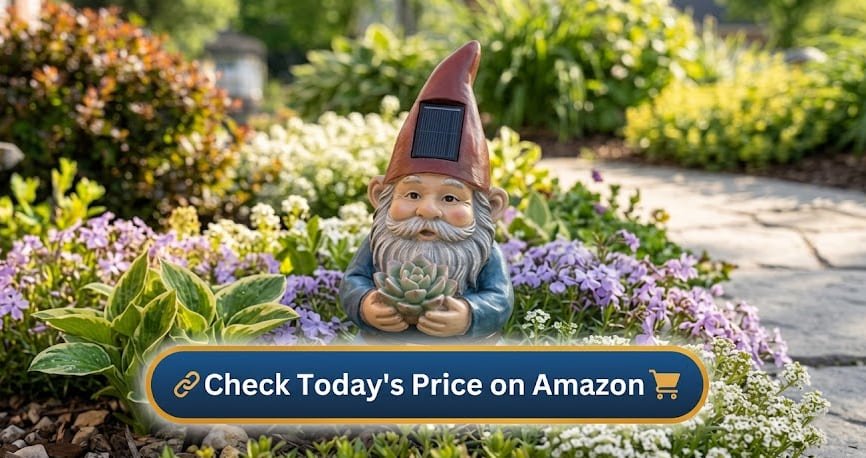 Solar garden gnome placed outdoors with an Amazon price button. A garden gnome with a red hat featuring a solar panel, holding a succulent, placed outdoors among purple and white flowers on a garden pathway, with a dark blue 'Check Today's Price on Amazon' button overlay at the bottom.