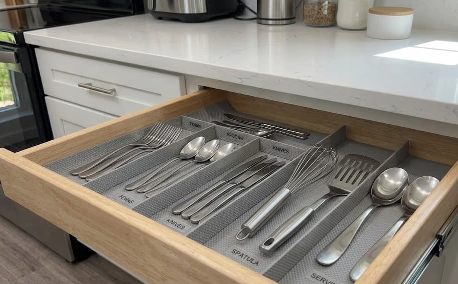 Organised drawer with grey non adhesive shelf liner holding kitchenware