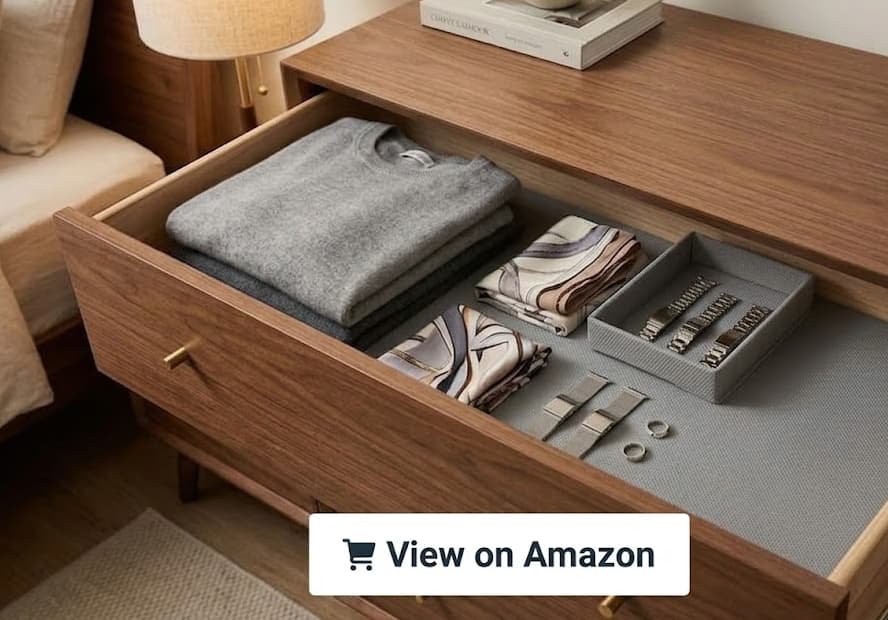 Waterproof mat for dressers and closets styled in a bedroom setup